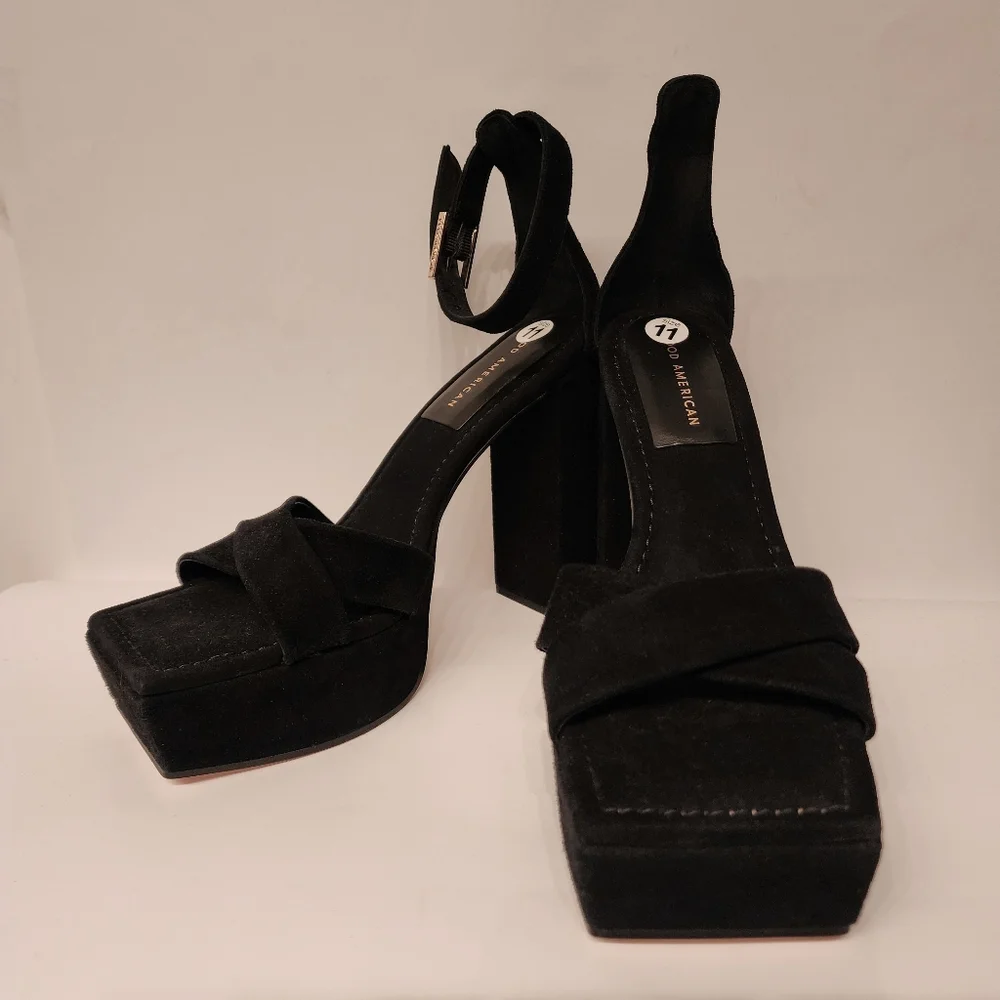 Good American Suede Platform Heels Ankle Strap Black Size 11 (Missing 1 Strap)